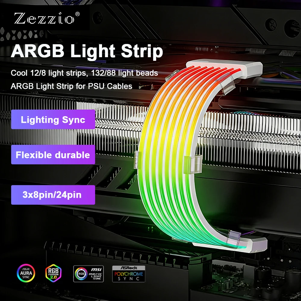 ZEZZIO PC RGB Light Strip 5V 3Pin ARGB Sync PSU Cable 8/24PIN Motherboard Power Extension Cable Vest For DIY PC Modding