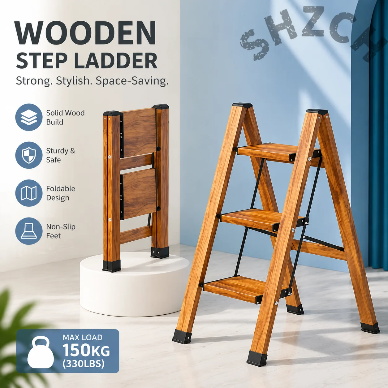 3-Step Foldable Wood-Grain Ladder with Herringbone Pattern – Portable Space-Saving Garden Step Stool