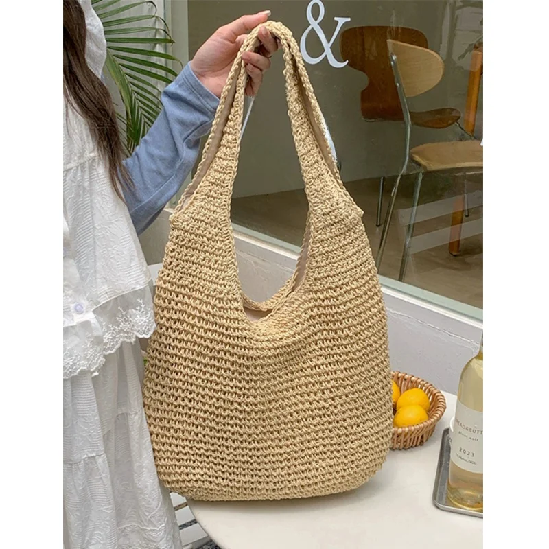 

Лето 202, повседневная пляжная тканая сумка-тоут на одно плечо, свободная ручная корзина для отдыха, большая емкость