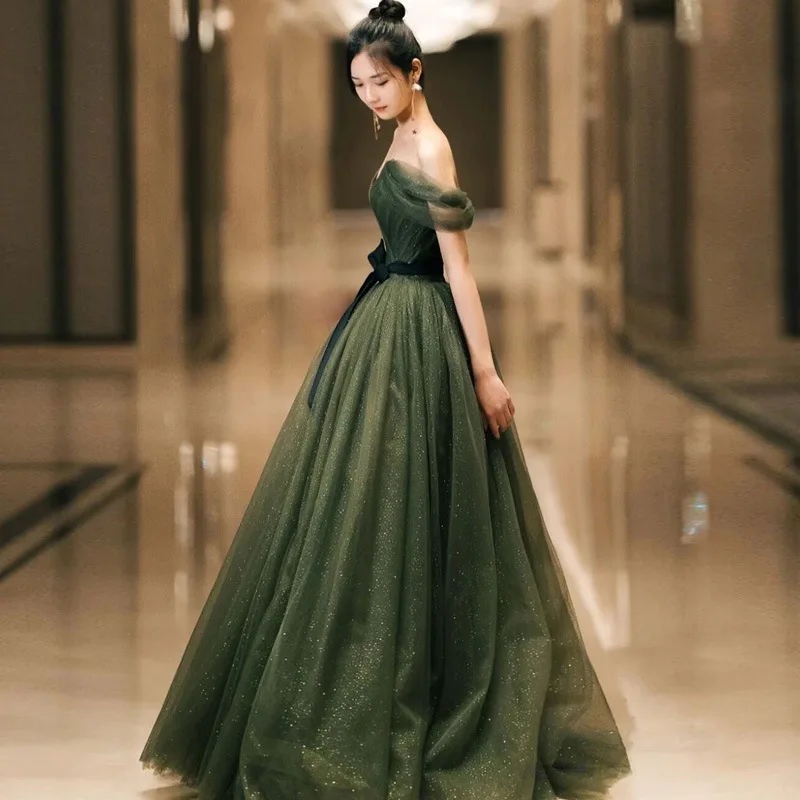 LZPOVE Army Green Long Off Shoulder Sequin Evening Dress Lady Girl Women Princess Prom Banquet Party Wedding Bridal Dress