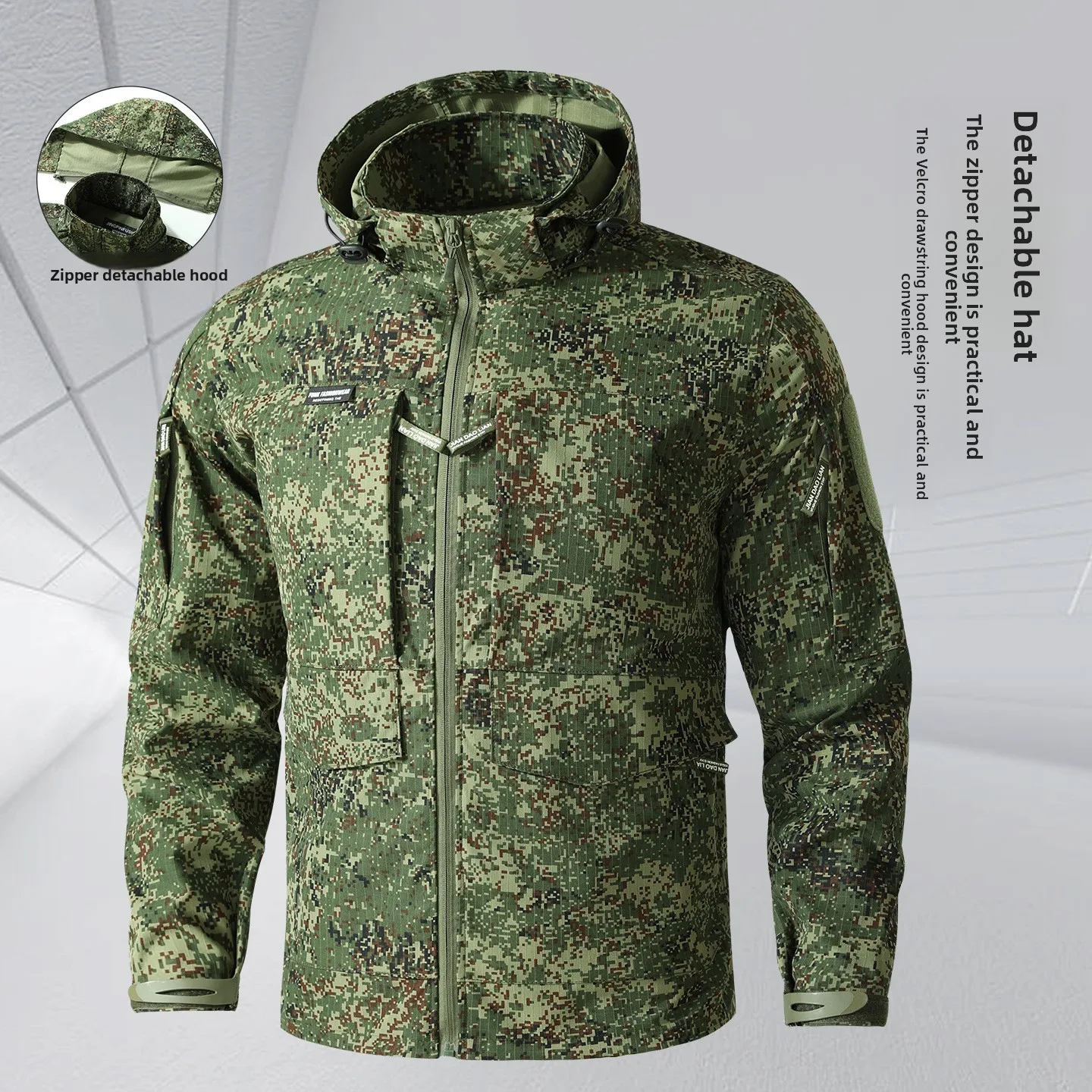 Men's Camouflage Hooded Work Jacket Wear Resistant Tactical Outdoor Training Workwear Top Multi Pocket Windproof Coat