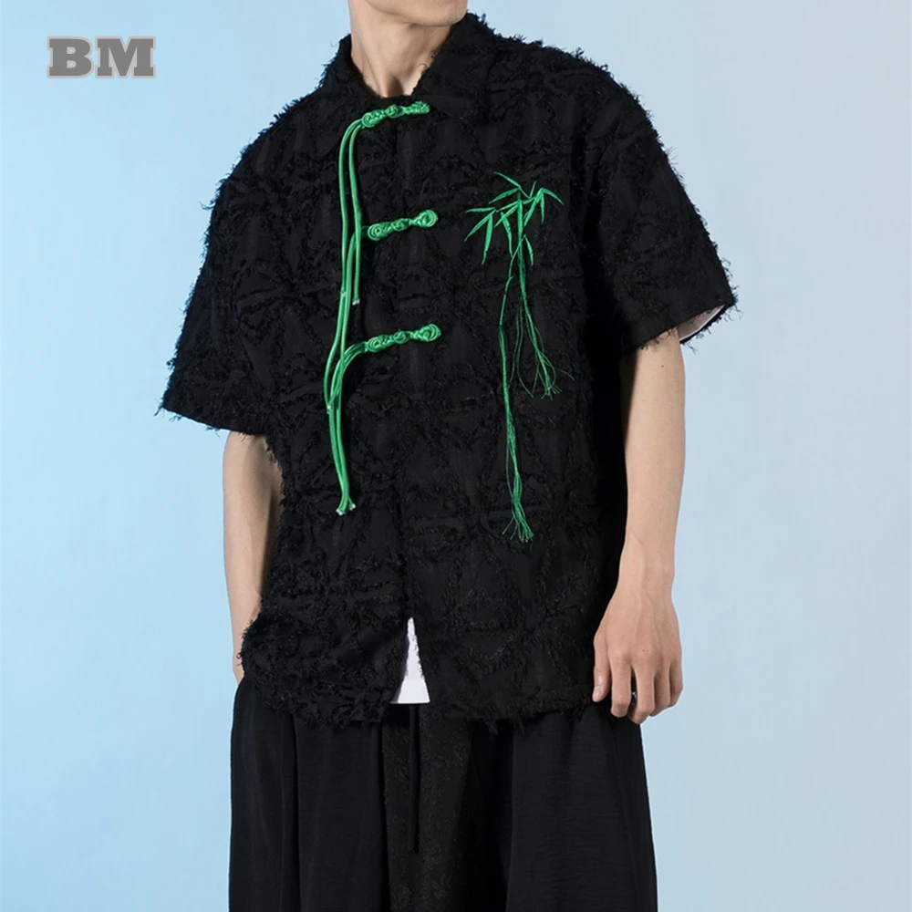 Chinese Style Raw Edge Fringe Couple Short Sleeve Shirt Men Clothing Summer Traditional Vintage Bamboo Leaf Embroidery Shirt Top