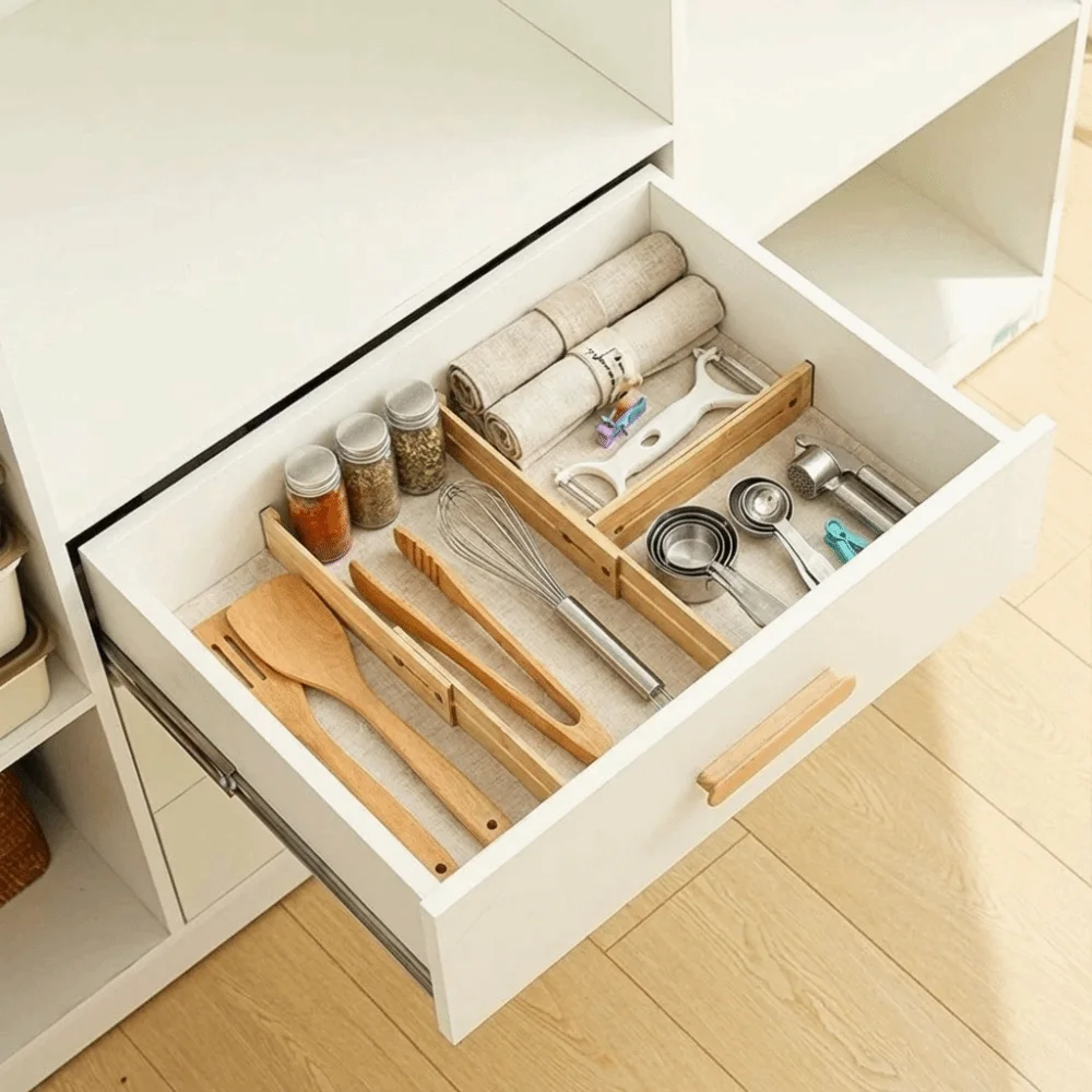 

Bamboo Retractable Drawer Dividers Secure Fit Punch-free Expandable Drawer Separators Creative DIY