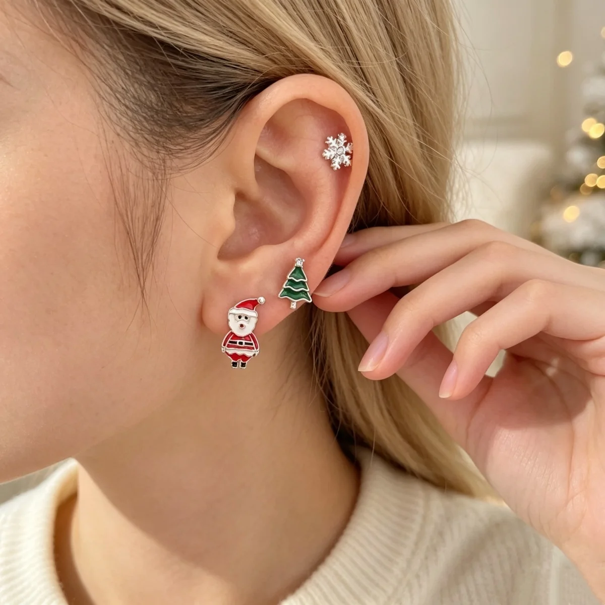 12/20 Paar kleine Ohrstecker mit Weihnachtsmotiven wie Weihnachtsbaum, Hirsch, Schneeflocke, Weihnachtsmann, Schneemann, Lebkuchenmann, Pinguin für Damen, Schmuck. – Detail 6