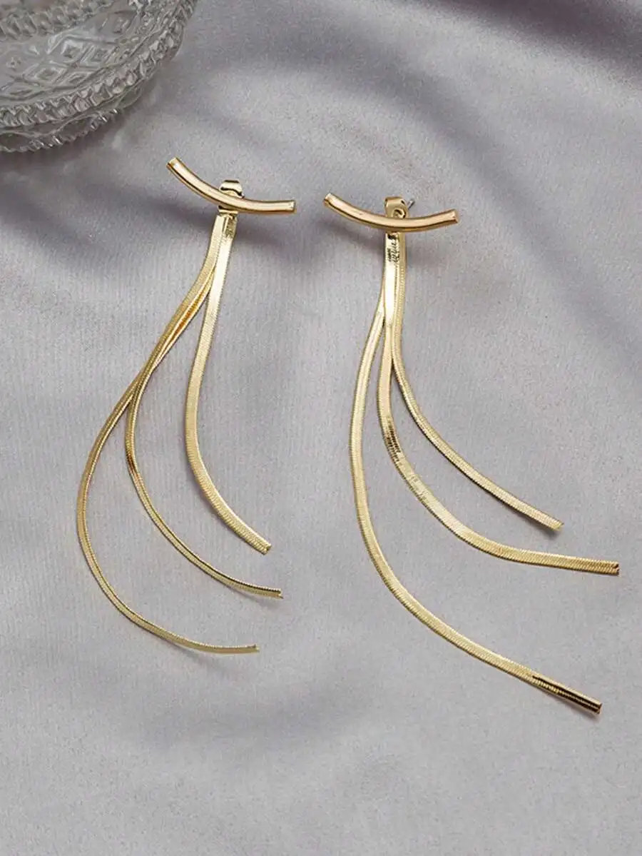 Pendientes colgantes de cadena triple con barra curva en tono dorado para mujer, joyería larga en capas, ideal para regalo de boda o fiesta