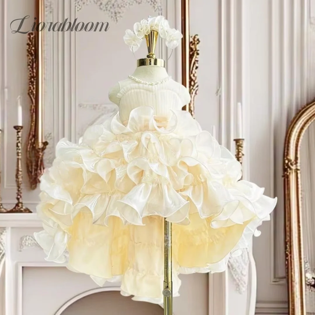 Vestido de tul halter personalizado para niñas 2026, estilo Balletcore, color amarillo champán, con volantes florales 3D y dobladillo asimétrico, ideal para bodas.