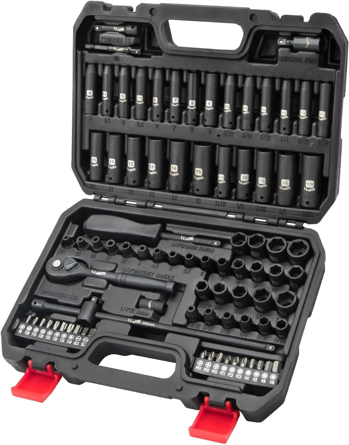 

1/4 Inch Drive Impact Socket Set, 83Pcs Socket Wrench Set Metric & SAE from 4-15mm, 5/32-9/16", 6 Point CR-V Deep & Shallow Sock