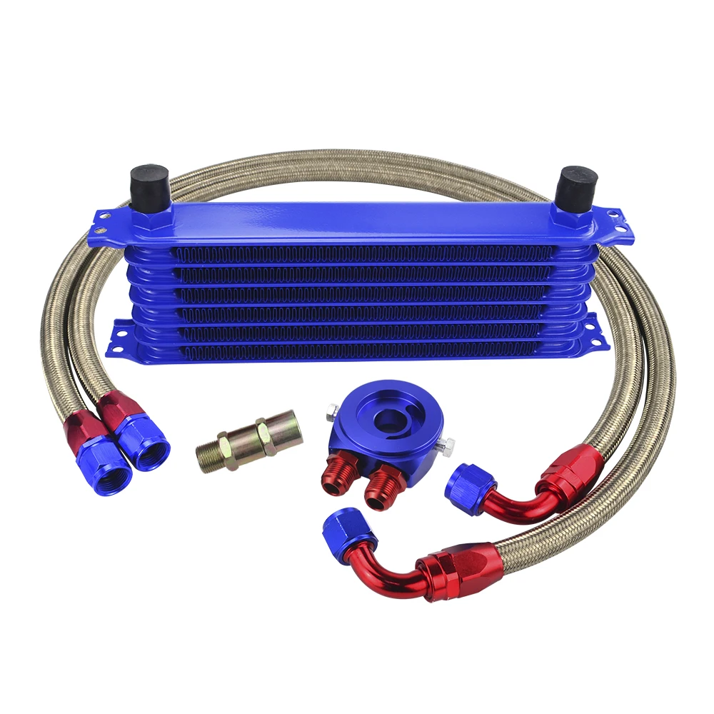 WLR - Universal 7 Rows Oil Cooler Kit + Oil Filter Sandwich Adapter +Stainless Steel Braided Oil Hose AN10 Hose End Fittings