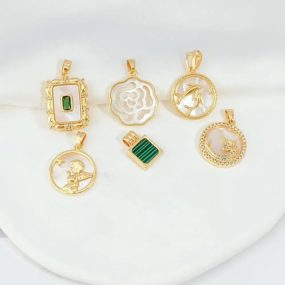 

14K Gold-plated, Zirconium-inlaid, Mother-of-pearl, Double Fish, Square and Rectangular Camellia Pendant, DIY Pendant