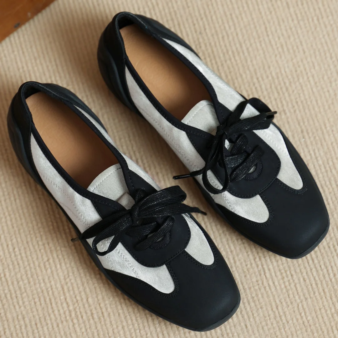 

Women's genuine leather mix color patchwork square toe lace-up flats sneakers high quality soft comfortable casual daily shoes