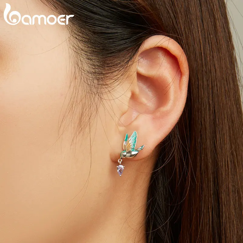 Bamoer 925 Sterling Silver Exqusite Kingfisher Stud Earrings for Women Colored Bird Ear Studs Trendy Gift Fine Jewelry BSE690