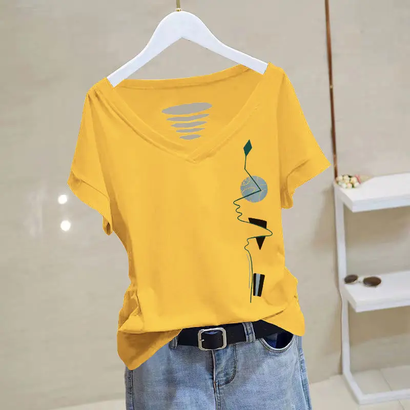 2023 Summer New Cotton T-Shirts Women Solid Color Printing V-neck Short Sleeve Tees Fashion Loose Casual Hollow Out Pullovers