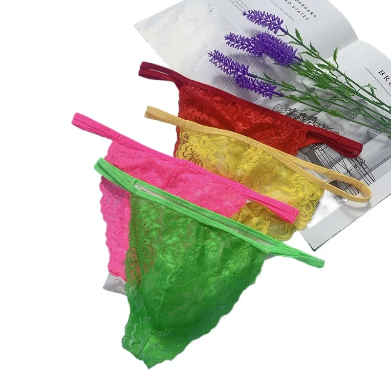 Men's Sexy Lace Thong Sheer See-Through U Convex Pouch Plus Size Underwear