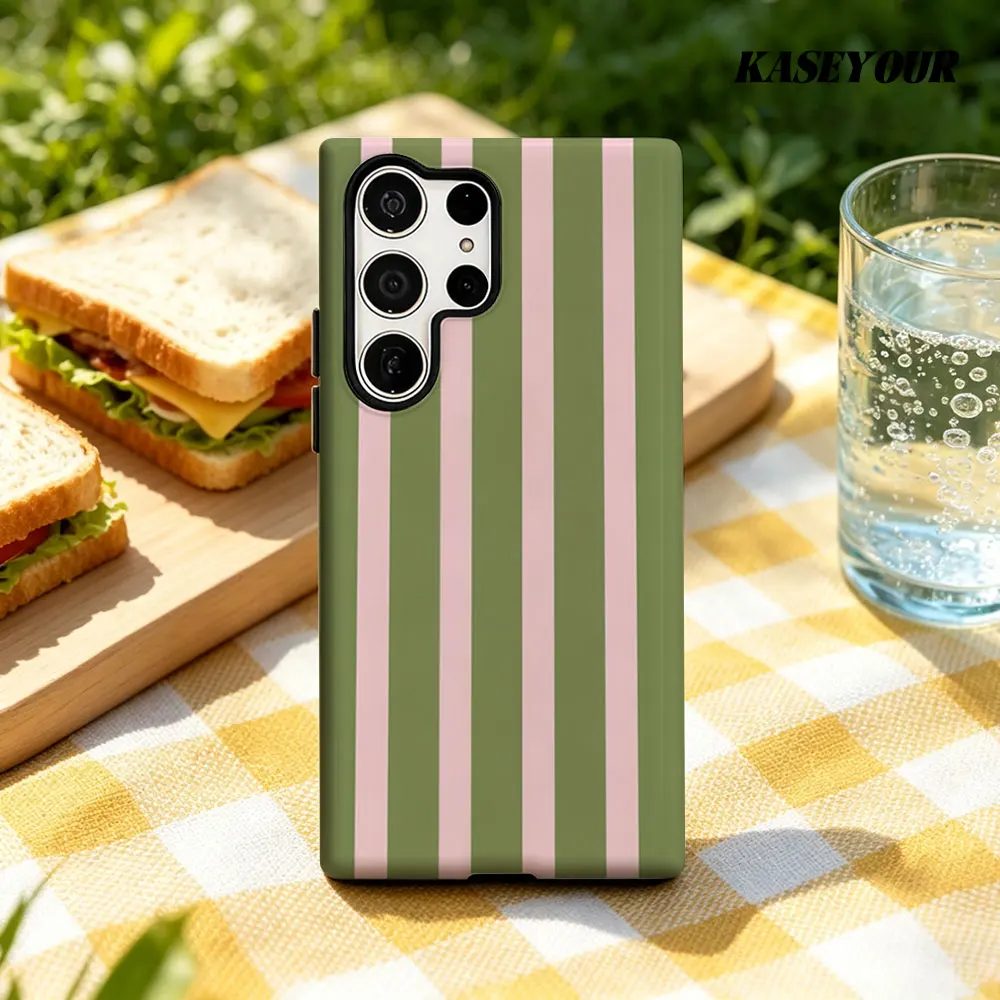 Pink & Green Stripe For Samsung Galaxy Phone Case S23 A57 S20 S25 FE S26 Plus S24 Ultra A56 A37 2-IN-1 Shockproof Bumper