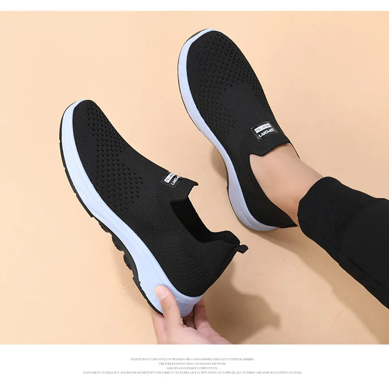 Herren-Strick-Slipper, atmungsaktives, fliegendes Gewebe-Obermaterial, dicke, rutschfeste Sohle, bequeme Freizeitschuhe zum Gehen – Detail 18