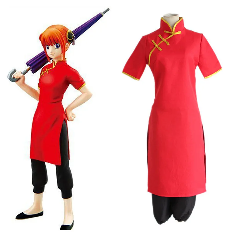 

Gintama Silver Soul Kagura Cosplay Costume Women Japanese Anime Kagura Chinese Dress Wig Cosplay Kungfu Wear Cheongsam Outfits