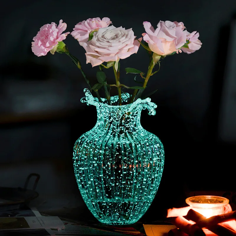 Luminous Glass Vase Creative large Transparent Glass Flower Vase Wave Mouth Flower Arrangement Living Room Home Decoration