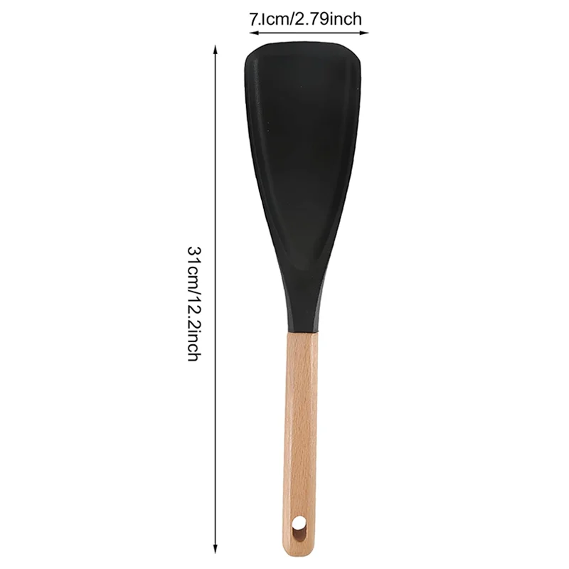 Non-Scratch Silicone Salad Spatula (12.2×2.79in) - Food Grade, Heat-Resistant, Ergonomic Wooden Handle for Kitchen Use