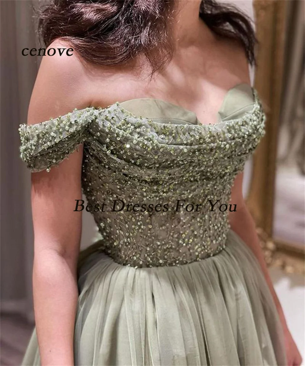 Cenove-vestido Formal de encaje verde para mujer, traje elegante con lentejuelas y hombros descubiertos, ideal para fiesta de noche y boda