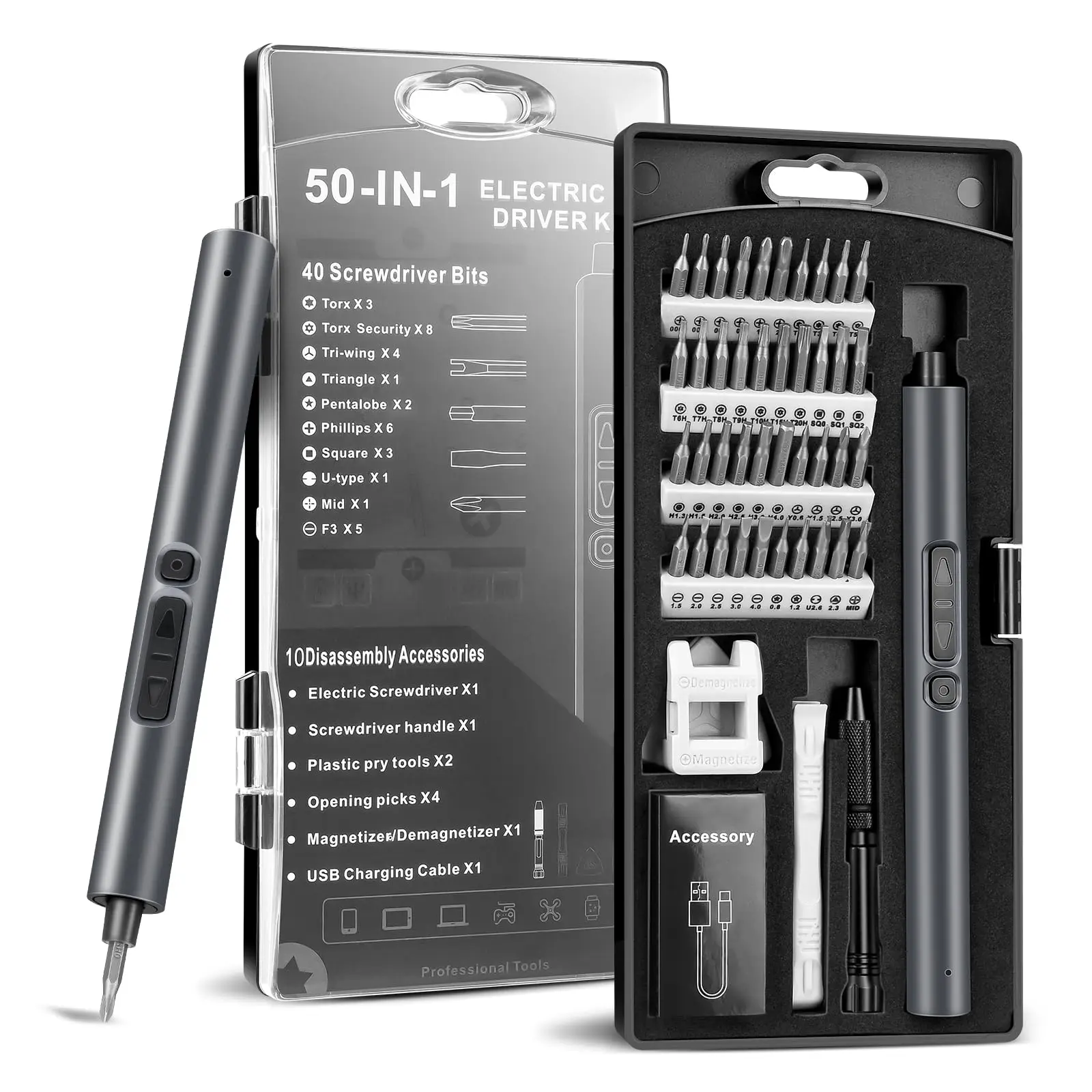 

50 in 1 Precision Electric Screwdriver Set Multi-Function Power Tool with Magnetic Torx Phillips Bits for iPhone Glasses Watches