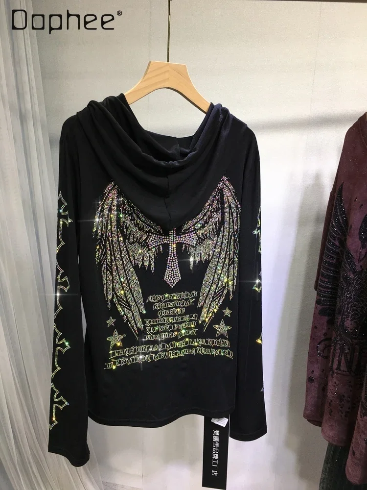 

Heavy Industry Hot Diamond Bottom Shirt Women Back Big Wings Skinny Black Hoodie Versatile Long Sleeve Autumn and Winter Top