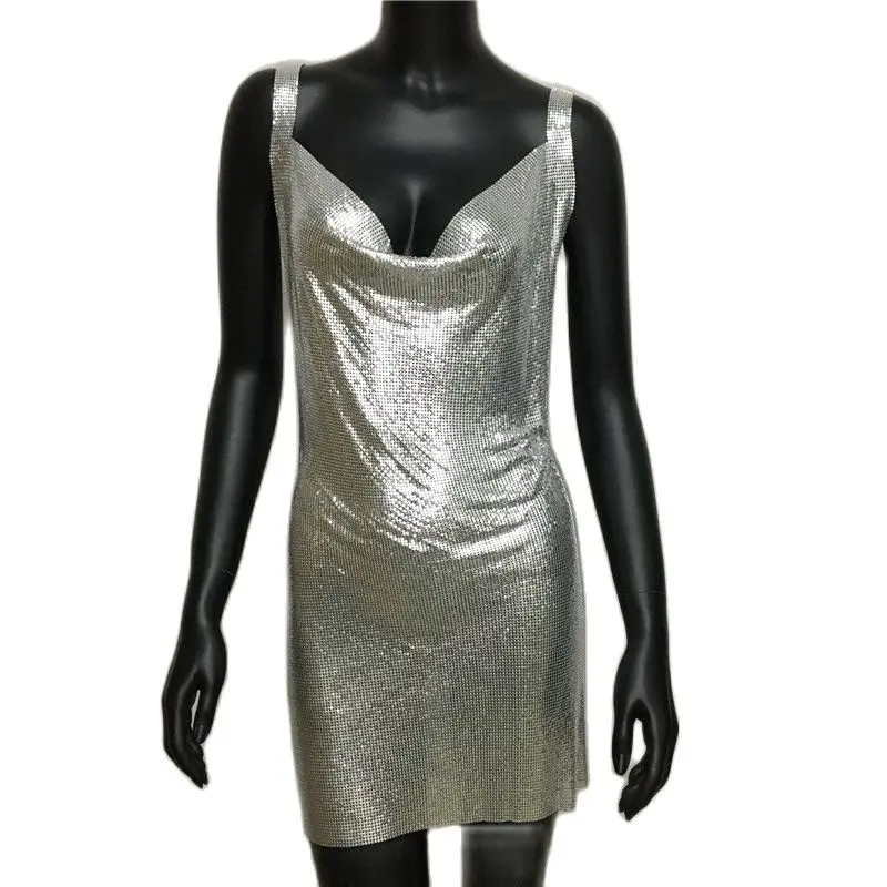 Metal Lantejoulas Cocktail Vestidos de Noite Luxo Backless Boate Partido Sexy Mulheres Vestido Baile Vestido Festival Rave Outfits Vestidos