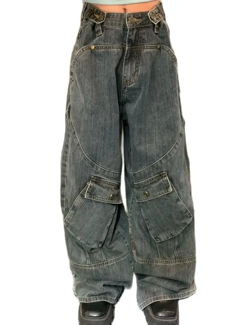 Street Cargo Jeans Women Big Pocket Oversize Loose Female Denim Pants Autumn Winter Hip Pop Retro Lady Wide Leg Trousers