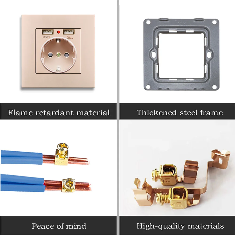 EIOMR EU with USB Port Electrical Socket 16A AC 110~220V Standard Outlet 86mm*86mm Flame Retardant PC Panel Wall Plug Pop Socket