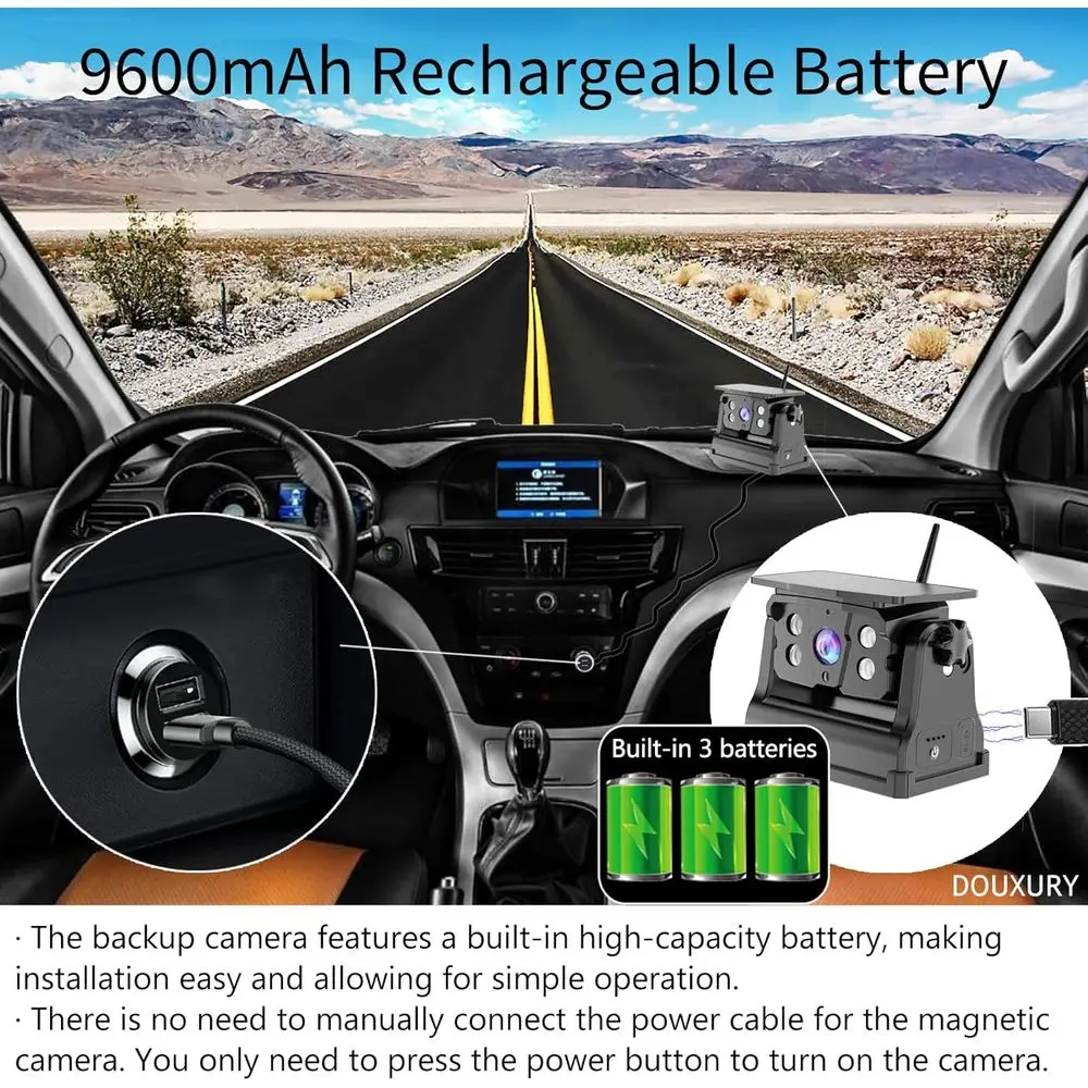 ワイヤレスバックアップカメラ ソーラー磁気式 車 RV トレーラー トラック キャンピングカー 5thホイール ヒッチ牽引用 配線不要 穴あけ不要 充電式