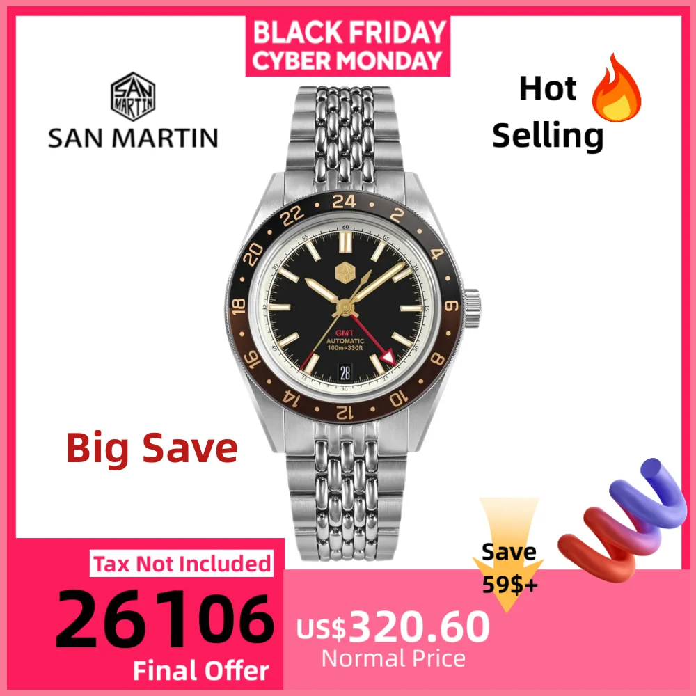 

San Martin 39,5 мм, ограниченная серия, автоматические мужские часы с полным люмовым циферблатом, NH34 GMT, 6 часов, дата, 10 бар, роскошные Kol Saati SN0116W