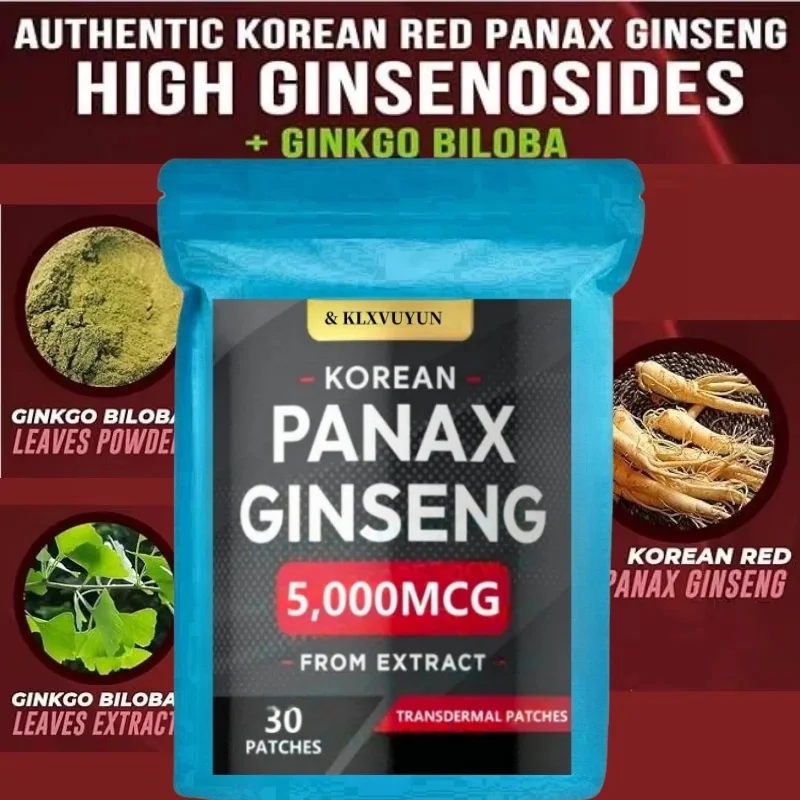 Ginseng Panax Vermelho Coreano Masculino e Feminino com Ginkgo Biloba - 30 peças de patches transdermicos produzidos nos Estados Unidos