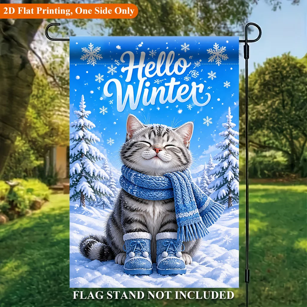 2D Flat Garden Flag 1 Piece, Cute Winter Cat Wearing Scarf Single-sided Polyester Garden Flag, Holiday Courtyard Outdoor Flag, Suitable for Outdoor Home and Garden Holiday Decoration, Valentine's Day, Mother's Day, St. Patrick's Day, Easter, Christmas,