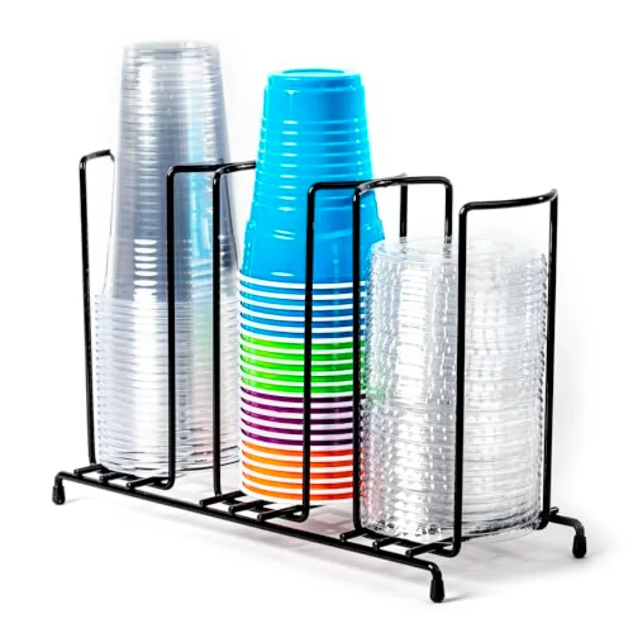 Organizador de tapas y tazas con marco de alambre con diseño de estante de metal de 3 compartimentos para un almacenamiento eficiente de vasos de plástico y bebidas de café