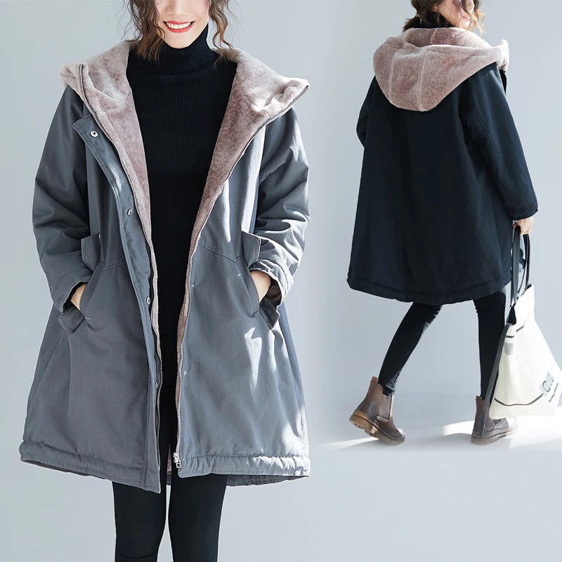 Vefadisa-parka de manga larga con capucha para mujer, abrigo de lana gruesa de longitud media, color gris, para otoño e invierno, ZXY1095A, novedad de 2024