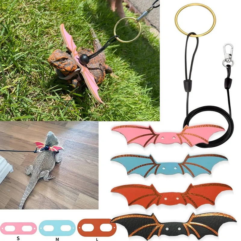 New 3 Pcs Adjustable Bearded Dragon Leash With Bat Wings Soft Leather Lizard Harness For Amphibians And Other Small Reptile