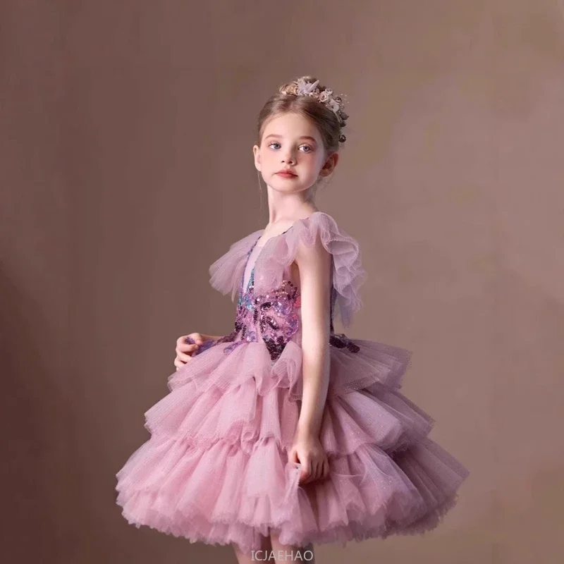 

Wed Dress 2025 New Children Girls Princess Pageant Host Outfit Piano Party Birthday Formal Wear Recital Performance Gown Kids