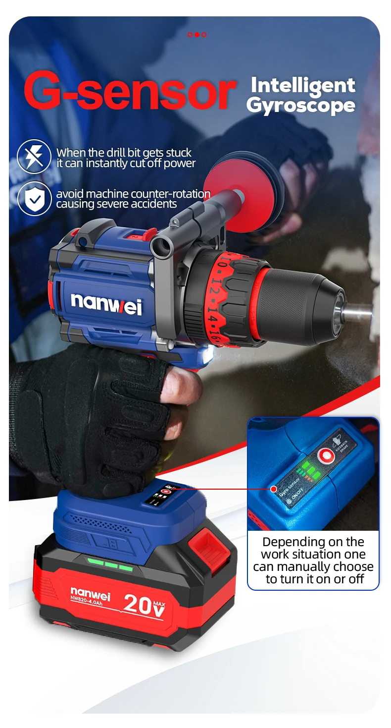 Brushless Cordless Impact Drill NANWEI Cordless 20v 13mm Ice Drill Power Tool 160NM High Torque