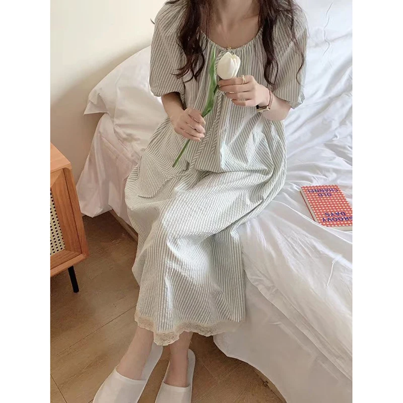 Striped Sleepwear Woman Short Sleeves Nightgown Korean Night Dress Summer One Piece Pajamas Dress Ruffles Night Wears 2024 New