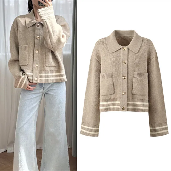

High-End Version European Sle Collar Knitted Outerwear with Large kets for Women Long Sve Regular Length Coat