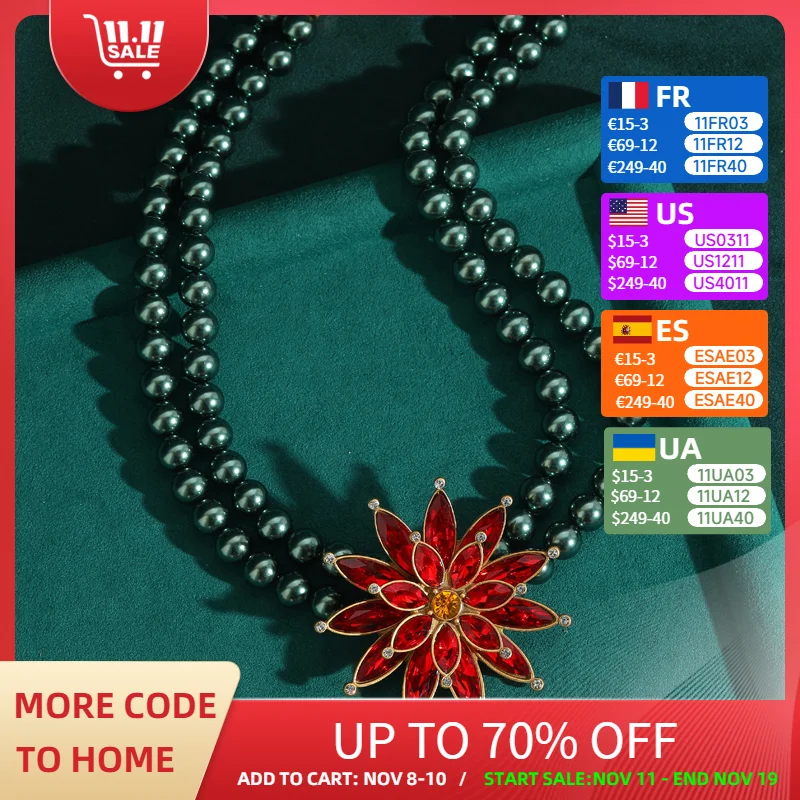 

Vintage Large Red Flower Pendant Necklace Green Pearl Layered Chain Gold Color For Woman Luxury High Quality Jewelry 2025 New