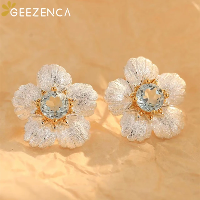 GEEZENCA Blue Topaz S925 Silver Two Tone Plating Flower Earrings Natural Stone Aesthetic Small Earring For Women 2023 Summer New