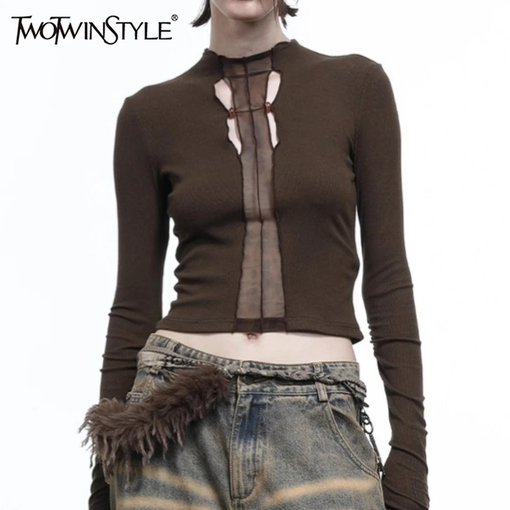 

TWOTWINSTYLE однотонная ажурная футболка женская с круглым вырезом и длинным рукавом для похудения, винтажные женские футболки, осенняя мода