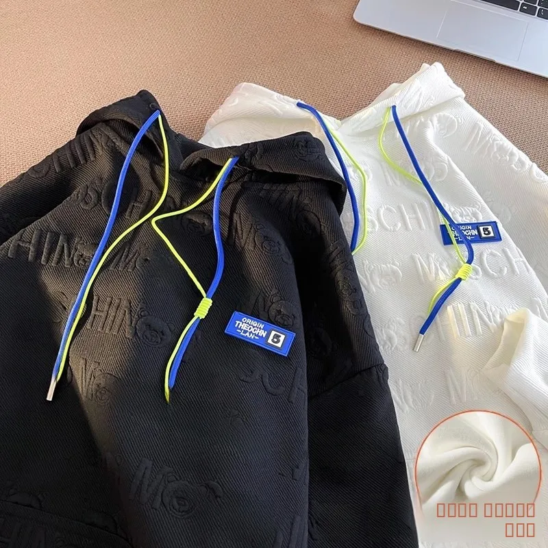 

Men's Fce Lined Hoodie Thiened Autumn Winter Casual Wear round Ne Pullover Hat Jaet Texture Embroidery Heavyweight R...