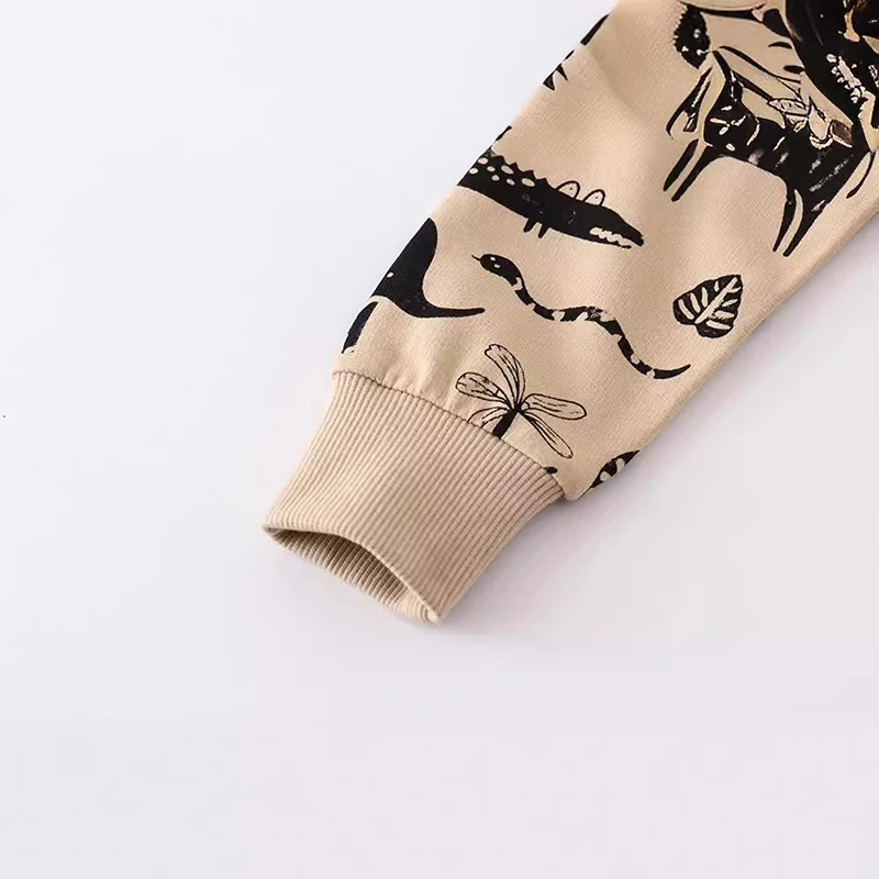 سويت شيرت للأطفال بأكمام طويلة باللون البيج مع مطبوعات حيوانات سوداء (الزرافة والحمار الوحشي والفيل وما إلى ذلك) مناسبة للأعمار 2-7 سنوات