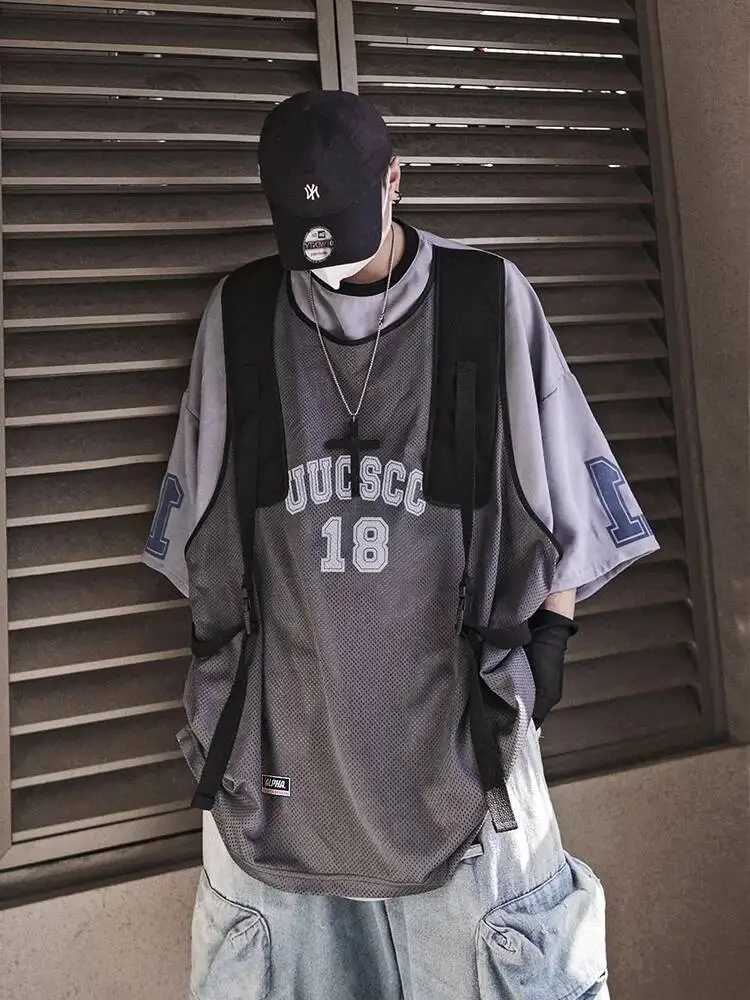 New Fake Two Piece Tee Women Men Vintage American Street Loose Jersey Tanks Top Short Sleeve Basic T