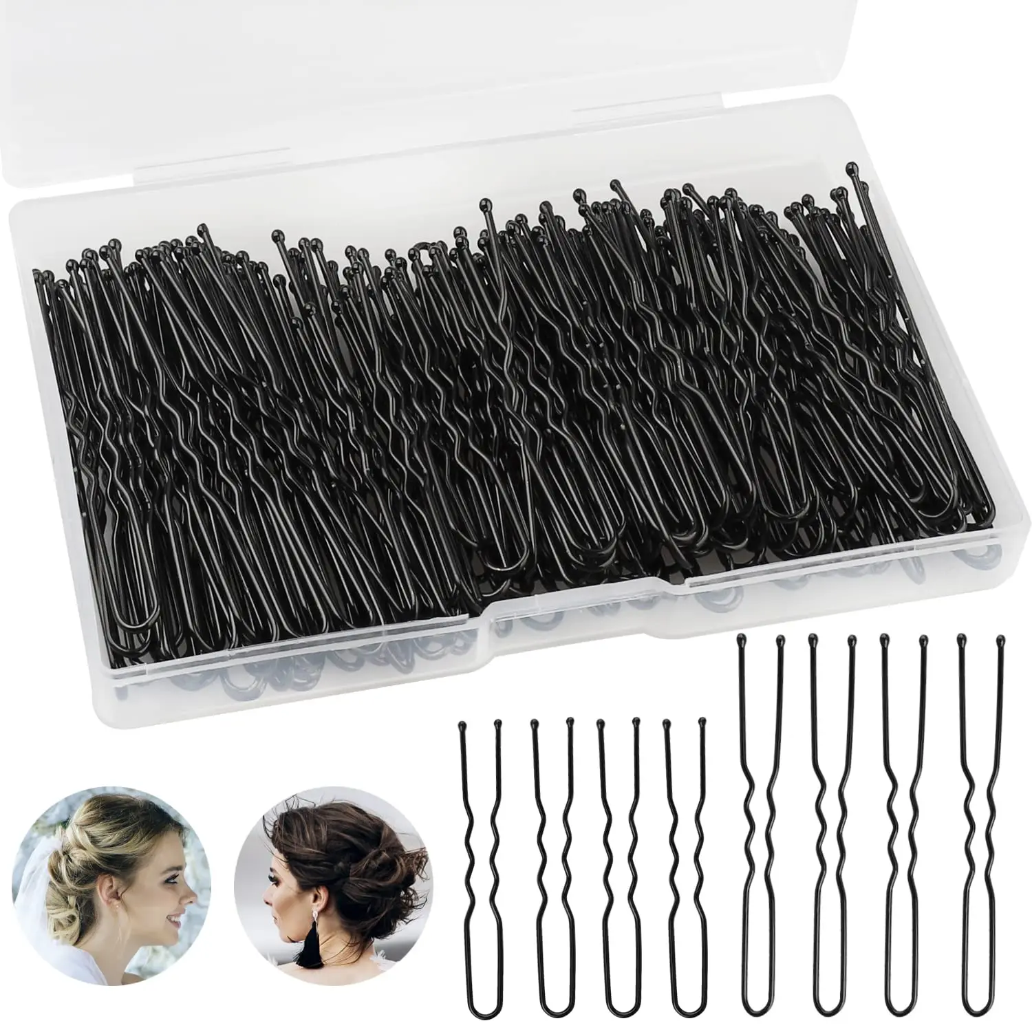 

200Pcs U Shaped Hair Pins, 2.4 & 2 Inch Bobby Pins with Storage Box for Women, Girls, Salon (Black)