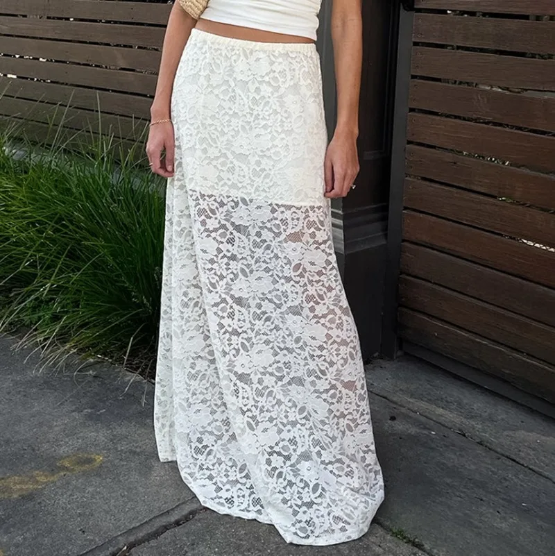 YLT Women 2026 Summer New Hot Selling Sexy White Lace Cutout Sheer High Waist Jacquard A Line Skirt Fashion Trendy Chic Elegant