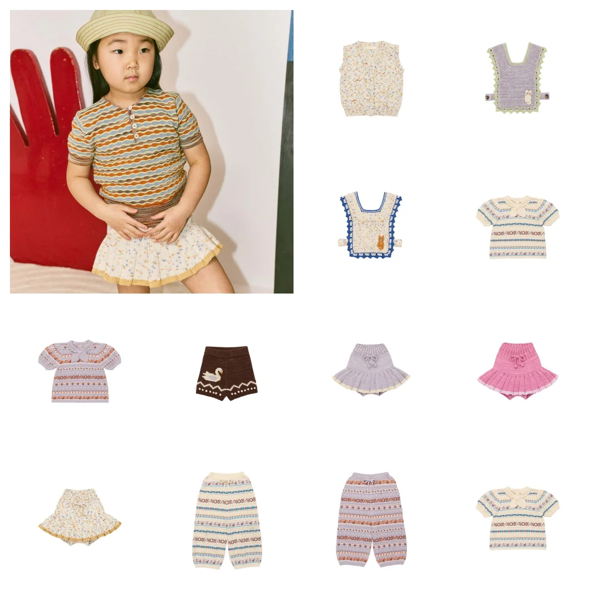 

Детская одежда для девочек: летний винтажный комплект в деревенском стиле — шорты, вязаный жилет и юбка, детский свитер 2026