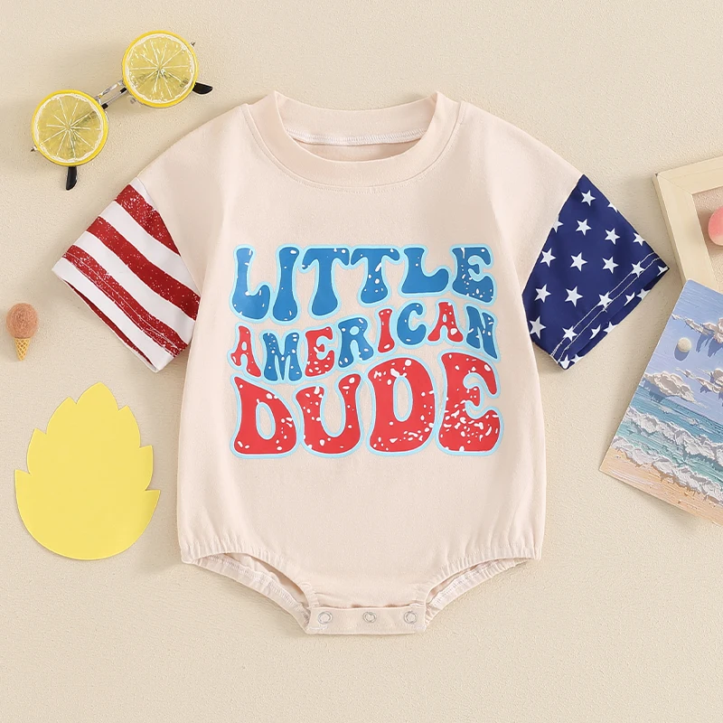 

2024-03-12 Lioraitiin 0-24M Baby Boy 4th of July Romper Short Sleeve O-Neck Letters Stars Stripes Print Summer Jumpsuit Clothes