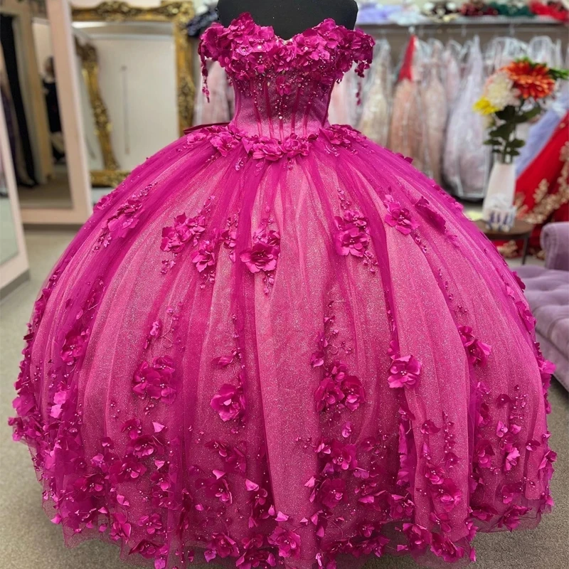 

Rose Red 2024 Princess Quinceanera Dresses Lace Flower Appliques Beads Pearls Ball Gown Sweet 16 Dress Vestidos De 15 Años